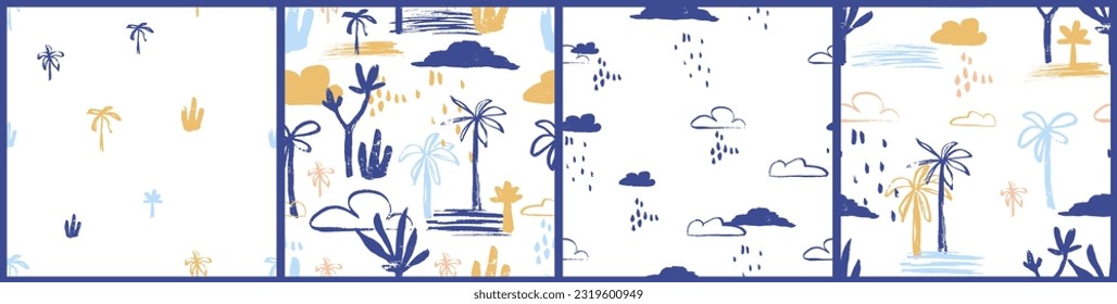 Tropical pant leaf seamless pattern. Summer hand drawn palm tree. Simple abstract organic shapes, dot, line. Beach vacation background design, savannah print. Exotic monstera wallpaper textile print