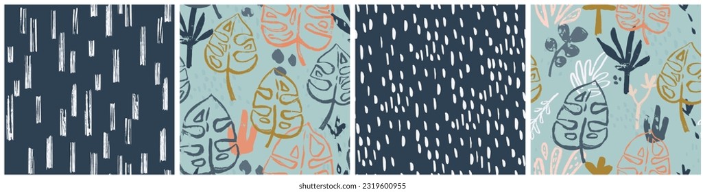 Tropical pant leaf seamless pattern. Summer hand drawn palm tree. Simple abstract organic shapes, dot, line. Beach vacation background design, savannah print. Exotic monstera wallpaper textile print