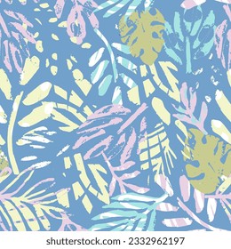 Tropical pant leaf seamless pattern. Summer hand drawn palm tree. Simple abstract organic shapes. Beach vacation background design, savannah print. Exotic monstera wallpaper textile print