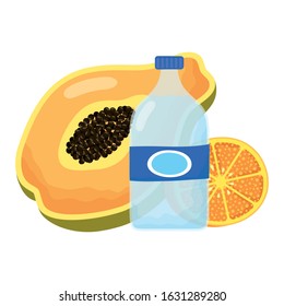 tropical papaya with orange and water bottle vector illustration design