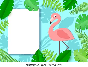 Tropical paper background with leaves, exotic bird and white sheet. Flamingo look out over the thickets of the jungle. Temlplate of page with place for text. Vector illustration in paper art style.