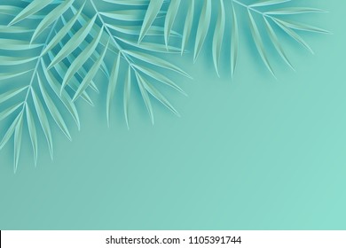 Tropical paper palm leaves frame. Summer tropical leaf. Origami exotic hawaiian jungle, summertime background. Paper cut. Minimal. Pastel art colorful style. 