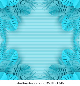 Tropical paper palm, monstera leaves frame. Summer tropical leaf. Origami exotic hawaiian jungle, summertime background. Paper cut style. 
