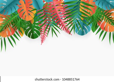 Tropical paper palm, monstera leaves frame. Summer tropical leaf. Origami exotic hawaiian jungle, summertime background 