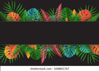 Tropical paper palm, monstera leaves frame. Summer tropical leaf. Origami exotic hawaiian jungle, summertime background 