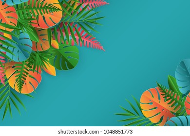 Tropical paper palm, monstera leaves frame. Summer tropical leaf. Origami exotic hawaiian jungle, summertime background 