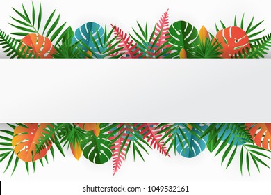 Tropical paper palm, monstera leaves frame. Summer tropical leaf. Origami exotic hawaiian jungle, summertime background 