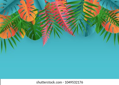 Tropical paper palm, monstera leaves frame. Summer tropical leaf. Origami exotic hawaiian jungle, summertime background 