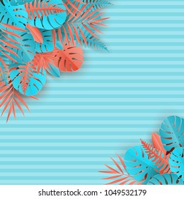 Tropical paper palm, monstera leaves frame. Summer tropical leaf. Origami exotic hawaiian jungle, summertime background. Paper cut style. 