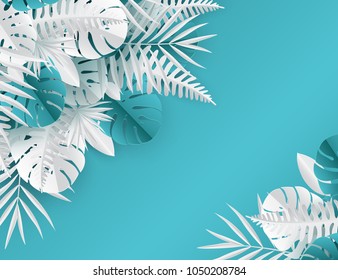 Tropical paper palm, monstera leaves frame. Summer tropical leaf. Origami exotic hawaiian jungle, summertime background. Paper cut style