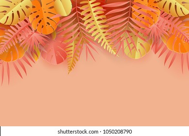 Tropical paper palm, monstera leaves frame. Summer tropical leaf. Origami exotic hawaiian jungle, summertime background. Paper cut style, pastel colors