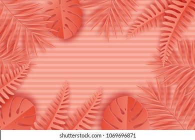 Tropical paper palm, monstera leaves frame. Summer tropical leaf. Origami exotic hawaiian jungle, summertime background. Paper cut. Minimal. Pastel art colorful style. 