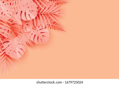 Tropical paper palm, monstera leaves frame. Summer tropical leaf. Origami exotic hawaiian jungle, summertime background. Paper cut style, pastel colors