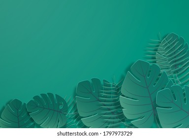 Tropical paper palm, monstera leaves frame. Summer tropical leaf. Origami exotic hawaiian jungle, summertime background. Paper cut. Minimal. Pastel art colorful style.