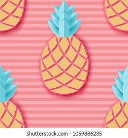 Tropical paper pineapple. Summer exotic jungle fruit seamless pattern, striped background. Minimal, paper cut style. Pastel colors