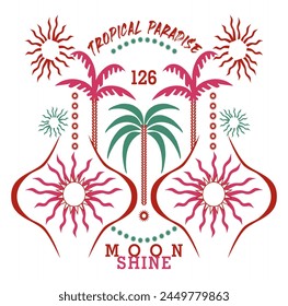 Tropical paradise Apparel Slogan T- shirt Print Design In Vector, beach resort with big waves, Long beach, summer vibes hand draw, summer slogan with beach