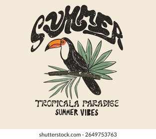 Tropical paradise artwork. Tropical bird with palm tree graphic print design. Enjoy beach life. Summer vibes artwork. Enjoy summer day. Toucan paradise artwork.
