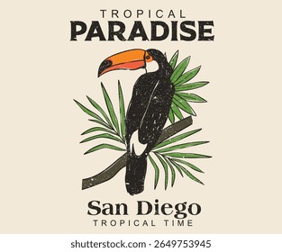 Tropical paradise artwork. Enjoy summer day. Toucan paradise artwork.