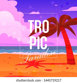 Tropical paradise background banner vector illustration. Palm tree on beach near ocean. Sand, blue sky and sea waves. Vacation or rest on island. Relax during summer time.