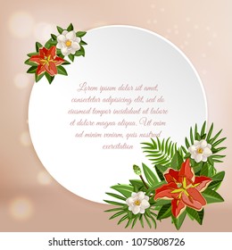 Tropical paradise background with bright round plate with editable ornate text with colourful images of flowers vector illustration
