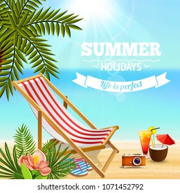Tropical paradise background with editable text and sandy beach landscape with deck chair cocktails and plants vector illustration - Shutterstock ID 1071452792