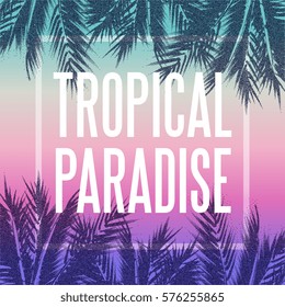 Tropical paradise background. Palm tree leaves at sunset gradient.