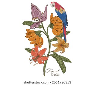 Tropical paradise. Banana tree. Tropical bird with flower graphic print design. Copacabana beach art. Macaw paradise artwork. Summer vibes artwork. 