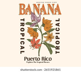 Tropical paradise. Banana tree. Tropical bird with flower graphic print design.