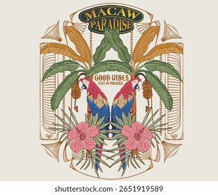 Tropical paradise. Banana tree. Macaw paradise artwork. Summer vibes artwork.  Tropical bird with flower graphic print design.  Summer vibes artwork. Copacabana beach art. 