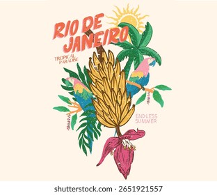 Tropical paradise. Banana tree. Macaw paradise artwork. Tropical bird with flower graphic print design. Tropical vibes t shirt artwork. Summer vibes artwork. Copacabana beach art.
