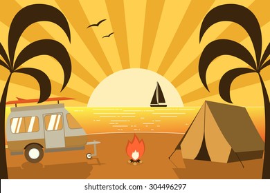 Tropical paradise beach camping scene with family trailer caravan. Palm island campsite place flat landscape with RV traveler truck. Summer vacation concept.