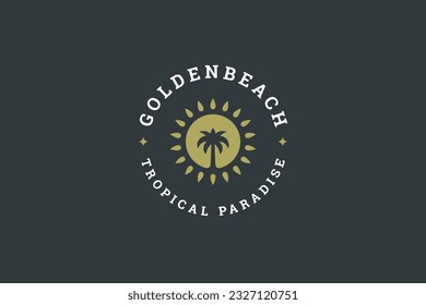 Tropical paradise beach palm tree island with bright sun travel service logo design template vector