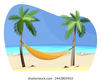 Tropical paradise beach with palm trees and hammock vector illustration. Blue azure ocean and white sand on background. Vacation, relaxation, tourism, travelling concept