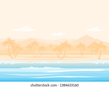 Tropical paradise beach with sand and coco palms. Travel and tourism. wide panorama background 