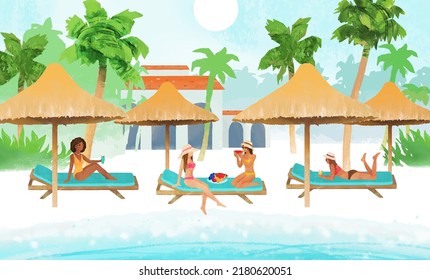 Tropical paradise beach with women, cottage and palms. Happy girls relaxing on sun loungers. Summer vacation concept. Vector hand drawn illustration for poster, banner, postcard
