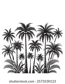 Tropical Paradise, A Black and White Silhouette of Majestic Palm Trees and Lush Undergrowth, Evoking the Serenity and Beauty of a Coastal Escape