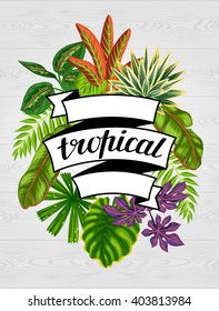 Tropical paradise card with stylized plants and leaves. Image for advertising booklets, banners, flayers.
