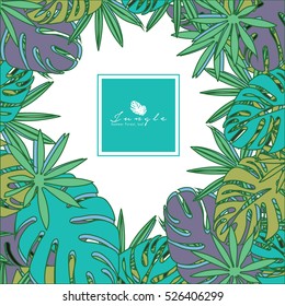 Tropical paradise card with stylized plants and leaves.Can be used for wallpaper, pattern fills, textile, web page background, surface textures, Image for advertising booklets, banners, flayers.