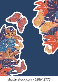 Tropical paradise  card with stylized plants, leaves and butterfly.Can be used for wallpaper, pattern fills, textile, web page background, surface textures, Image for advertising booklets, banners.
