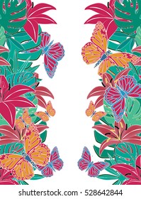 Tropical paradise  card with stylized plants, leaves and butterfly.Can be used for wallpaper, pattern fills, textile, web page background, surface textures, Image for advertising booklets, banners.
