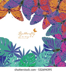 Tropical paradise card with stylized plants, leaves and butterfly.Can be used for wallpaper, pattern fills, textile, web page background, surface textures, Image for advertising booklets, banners.