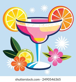 Tropical Paradise Cocktail: Vibrant Margarita with Citrus Slices and Exotic Flowers