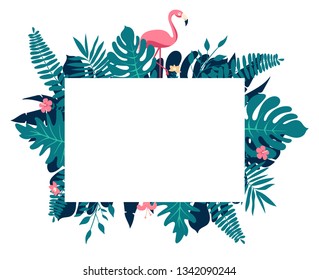 Tropical paradise composition. Rectangular border frame with text placeholder. Decorated with palm leaves, pink hypsophila flowers and flamingo birds couple