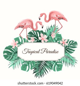 Tropical paradise composition. Rectangular border frame with text placeholder. Decorated with exotic rain forest jungle green palm leaves, pink hypsophila flowers and flamingo birds couple