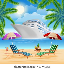 Tropical Paradise. Cruise Ship. Exotic Island with Palm Trees. Vacation and Travel. Vector illustration