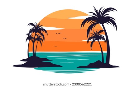 emblema del paraíso tropical con palmeras y puesta de sol, plantilla de logo vectorial, aislado en fondo blanco, espacio de copia.