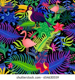 Tropical paradise exotic colorful seamless pattern with flamingo toucan birds and bright purple green foliage vector illustration 