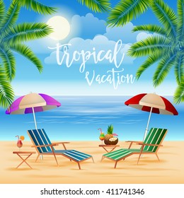 Tropical Paradise. Exotic Island with Palm Trees. Vacation and Travel. Vector illustration