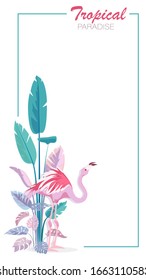 Tropical paradise. Flamingo. Vector print trendy slogan in the frame. Composition of tropical banana, monstera leaves, pink flamingo. Flat illustration isolated on white background. 