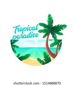 Tropical Paradise Flat Illustration. Seascape Logotype Isolated On White Background. Exotic Sea Rest, Island Tour, Relax Concept. Travel Company Logo, Emblem, Advertising Banner, Poster Idea